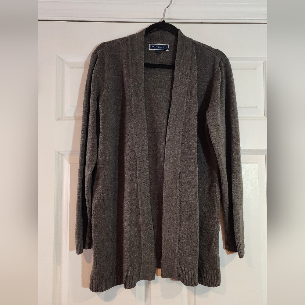 Karen Scott gray open front cardigan sweater XL has tiny hole